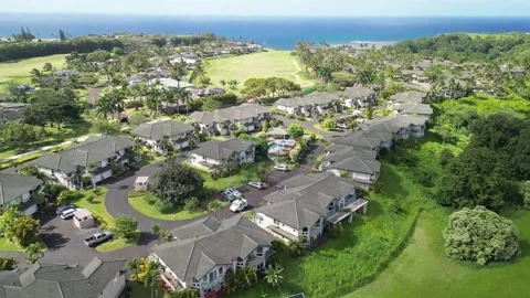 Drone Aerial of Queen Emmas Bluff section of Princeville, Kauai, Hawaii, part 4 Stock Footage 299965744