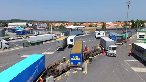 Drone Aerial of Rail Freight Terminal, Sunny Day, Southern France Stock Footage 336777547