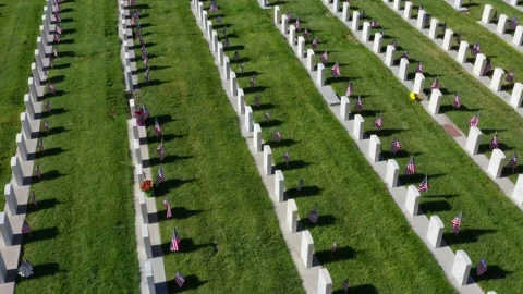 Drone Aerial Rotating Counter Clockwise Around Military Headstones Cemetery Video stock 196190455
