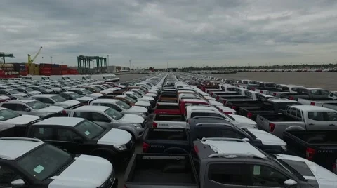 Drone aerial scene in an import export car parking. Vídeo Stock 60051132