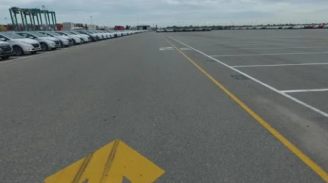 Drone  aerial scene in an import export car parking. Vídeo Stock 60052190