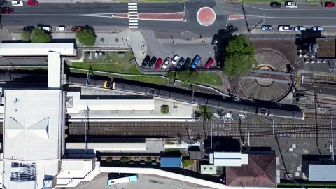 Drone aerial shot of city rail train lea... | Stock Video | Pond5