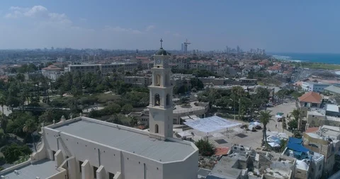 Drone aerial shot at the Clock Tower in Jaffa - Tel Aviv, Israel. Tourist Stock Footage 128253213