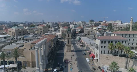 Drone aerial shot at the Clock Tower in Jaffa - Tel Aviv, Israel. Tourist Video stock 128253927