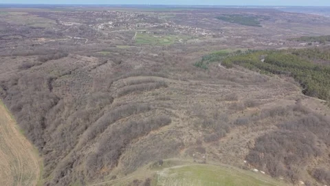 Drone aerial shot of green fields and rural settlement area Vídeo Stock 330768752