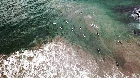Drone Aerial shot pointed down at surfers on Venice Beach in California Stock Footage 146147198