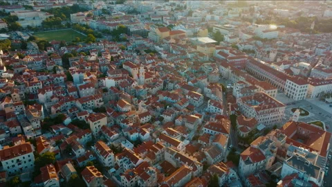 Drone aerial of Split Old Town rooftops at sunrise with Republic Square Video stock 341673783
