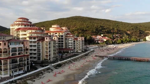 Drone aerial sunset view of the Black Sea beach in Elenite. Popular summer r Video stock 266137465