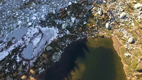 Drone aerial top down view of half frozen lakes in mountain. alps 4k Stock Footage 148031243