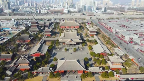 Drone aerial top-down view of an ancient town temple complex Stock-Footage 335919375