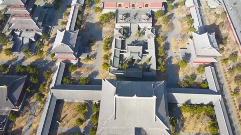 Drone aerial top-down view of an ancient town temple complex Vídeo Stock 335919382