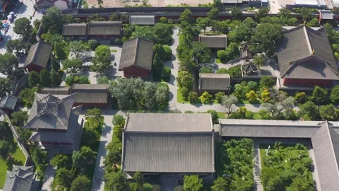 Drone aerial top-down view of an ancient town temple complex Video stock 335919389