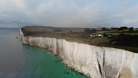 Drone aerial top shot panning left to right over the White Cliffs of Dover Stock Footage 344239088