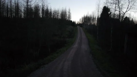 Drone aerial tracking shot view of spooky empty dark road Stockbeeldmateriaal 44890707