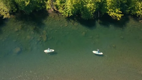 Drone Aerial Two People on Paddle Boards SUP on River in Oregon Columbia Gorge Видео 280702863