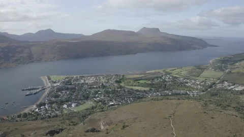 Drone Aerial of Ullapool Town from Ullapool Hill Video stock 140593102