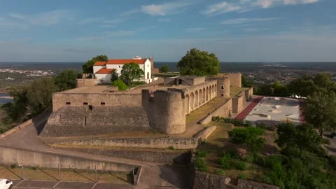 Drone Aerial View of Abrantes Castle on Hill at Sunset in Autumn, Portugal Stock Footage 317331848