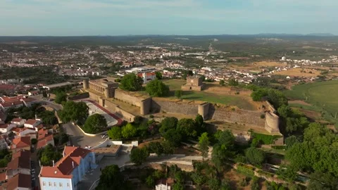 Drone Aerial View of Abrantes Castle on Hill at Sunset in Autumn, Portugal Stock Footage 317331880