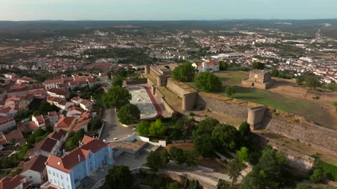Drone Aerial View of Abrantes Castle on Hill at Sunset in Autumn, Portugal Stock Footage 317331916
