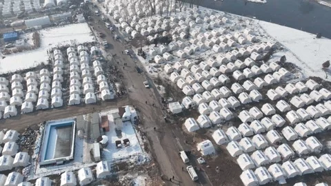 Drone Aerial View of AFAD Earthquake Relief Tent Camp in Elbistan, February 10, Stock Footage 336451627