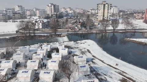 Drone Aerial View of AFAD Earthquake Relief Tent Camp in Elbistan, February 10, Stock Footage 336452289