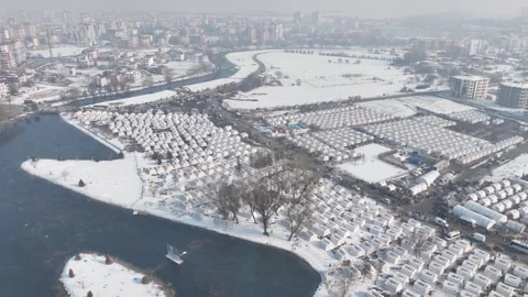 Drone Aerial View of AFAD Earthquake Relief Tent Camp in Elbistan, February 10, Stock Footage 336452355
