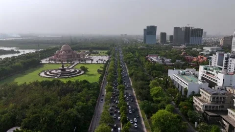 Drone Aerial View of Ambedkar Memorial and Noida Cityscape, India Stock Footage 335387448
