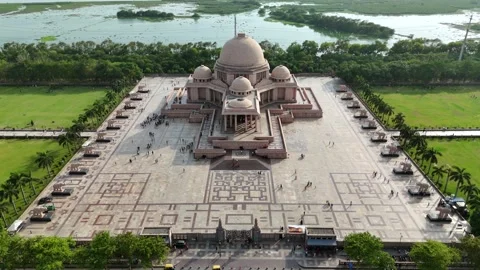 Drone Aerial View of Ambedkar Memorial and Noida Cityscape, India Stock Footage 335387571