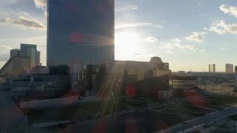 Drone aerial view of atlantic city boardwalk and skyline at sunset Stock Footage 86000512