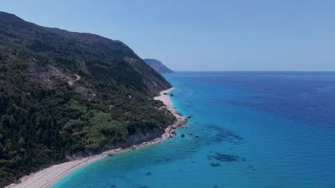 Drone Aerial View of Avali Beach Coastline and Blue Ionian Sea in Lefkada Greece Stock Footage 343851761