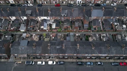 Drone aerial view of back to back terraced houses in York, England Stock Footage 315557843