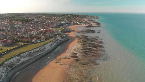 Drone aerial view of the beach and white cliffs, Margate, England, UK Stock Footage 144050934