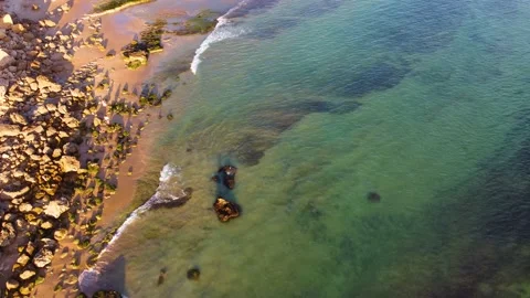 Drone aerial view of the beach and ocean with calm waves during a sunset Stock Footage 172187066