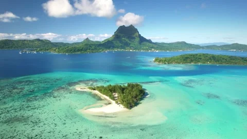 Drone aerial view Bora Bora Tahiti. Tropical paradise island, turquoise water Видео 252236325