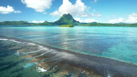 Drone aerial view Bora Bora Tahiti. Tropical paradise island, turquoise water 스톡 동영상 252236404