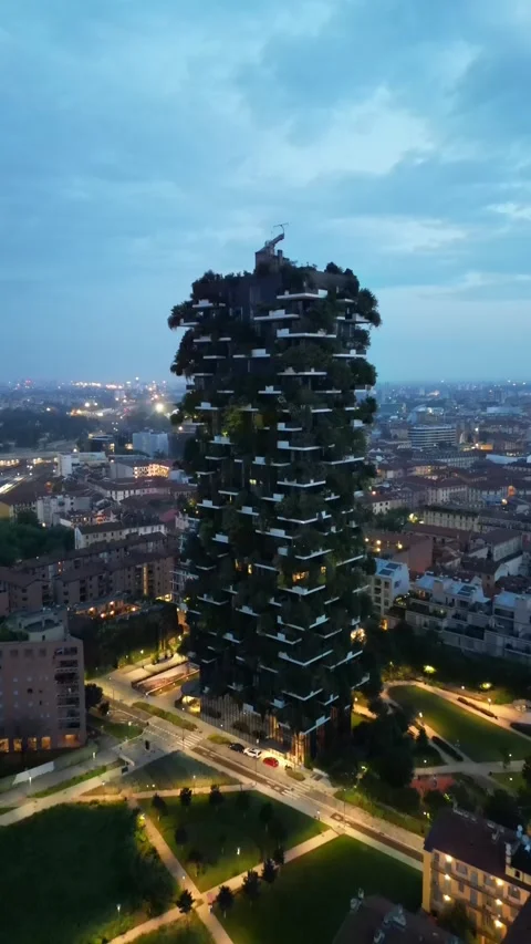 Drone aerial view of Bosco Verticale vertical garden sky scraper, Milan, Italy Stock Footage 270009022