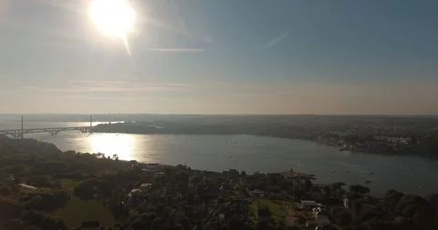 Drone aerial view of the Brest harbour and the Iroise bridge. Stock Footage 129100128