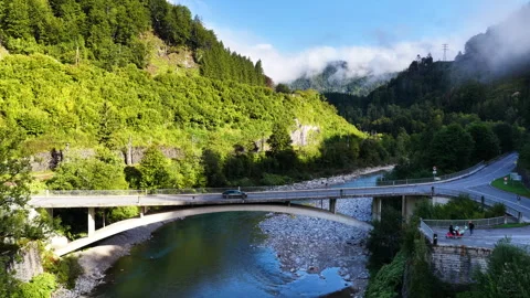 Drone aerial view of bridge over Traun River in the Salzkammergut region Vídeo Stock 331636897