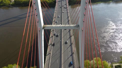 Drone Aerial View of Cable-Stayed Bridge with Moving Traffic Stockbeeldmateriaal 330953854