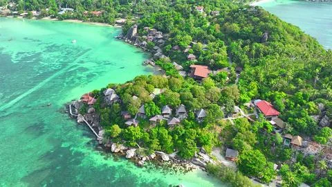 Drone aerial view captures stunning island. Stock Photos