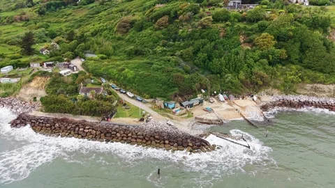Drone Aerial View of Castlehaven Beach Sea Defense and Slipway Isle of Wight Stock-Footage 336944745