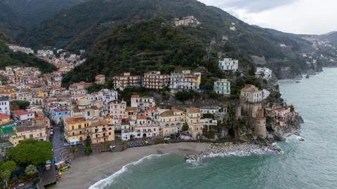 Drone aerial view of Cetara beautiful cliff city of the Amalfi Coast Stock Photos
