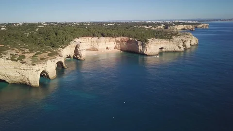 Drone aerial view of cliffs on seashore, Algarve, Portugal Stock Footage 114852523