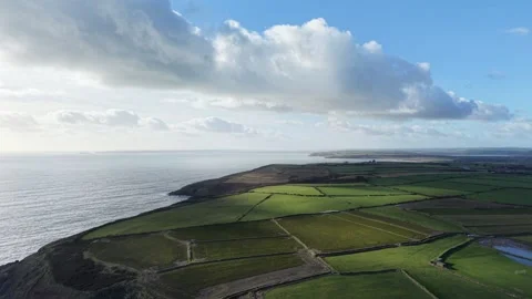 Drone aerial view of coastal cliffs and green fields by ocean Stock-Footage 333707732