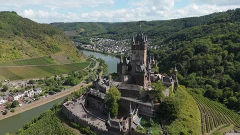 Drone aerial view of Cochem Castle in Germany. Historic imperial castle Reic Stock Footage 336274823