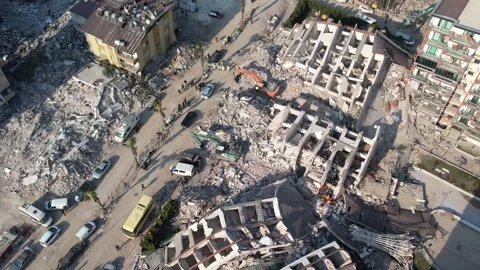 Drone Aerial View of Collapsed Buildings After Earthquake, February 8, 2023, Stock Footage 336517528