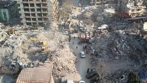 Drone Aerial View of Collapsed Buildings After Earthquake, February 8, 2023, Stock Footage 336517865