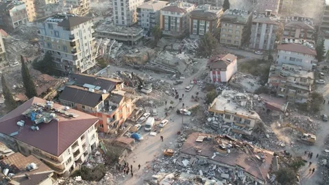 Drone Aerial View of Collapsed Buildings After Earthquake, February 8, 2023, Stock Footage 336519128