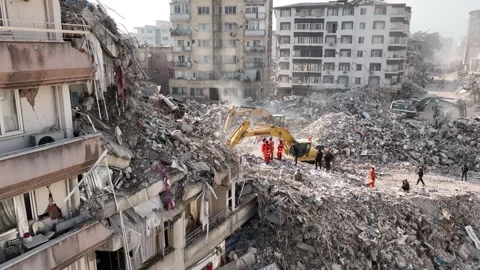 Drone Aerial View of Collapsed Buildings After Earthquake, February 8, 2023, Video stock 336522385