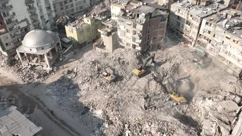 Drone Aerial View of Collapsed Buildings After Earthquake, February 8, 2023, Video stock 336522419